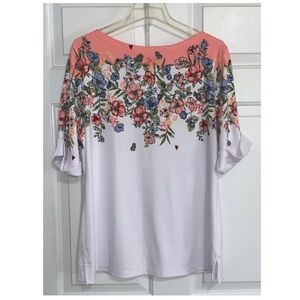 🫐 KAREN SCOTT Garden-Fresh Floral Print Boat-Neck Elbow-Sleeve Top NWT 1X